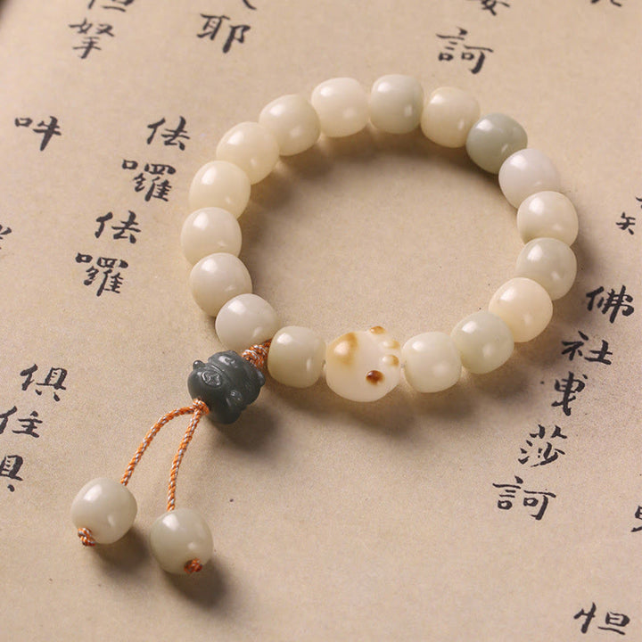Buddha Stones招き猫 菩提樹 猫の足跡 平和ブレスレット - 菩提種子グリーンキャット - image 1