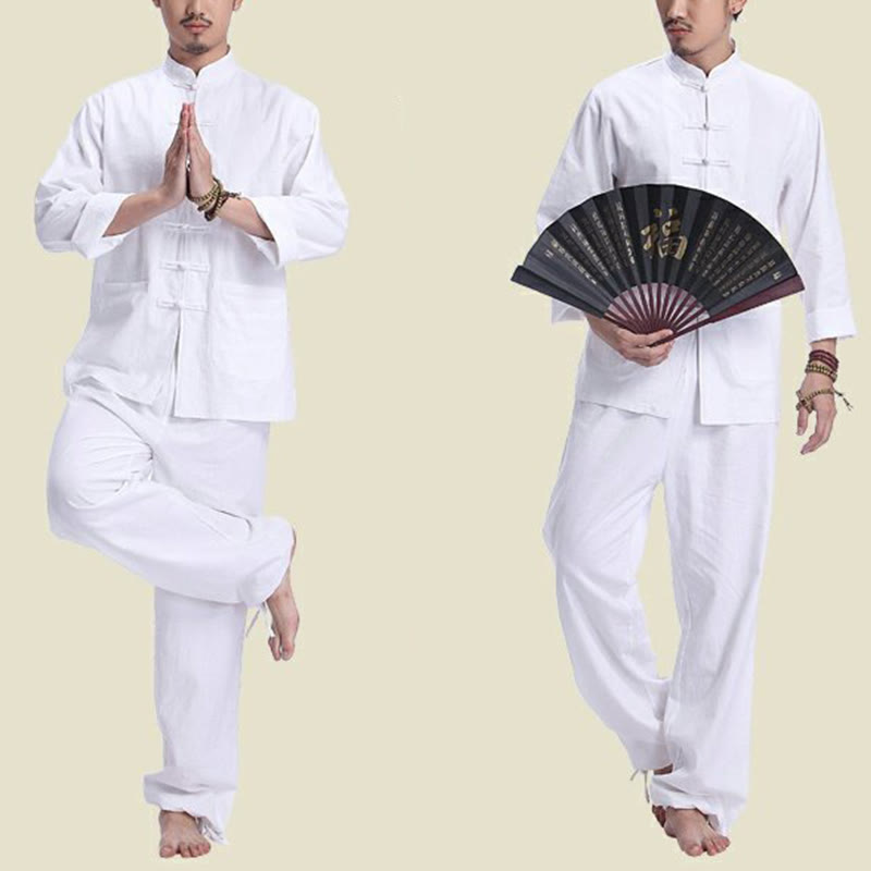 Buddha Stones中国風 カエル ボタンデザイン 瞑想 祈り コットン リネン スピリチュアル 禅 練習 ヨガ ウェア メンズ セット - image 9