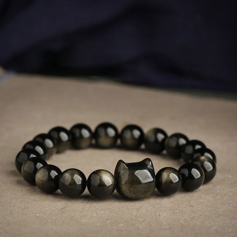Buddha Stones金色光沢黒曜石 銀色光沢黒曜石 愛らしい足跡 招き猫守護ブレスレット - ゴールドシーンオブシディアン - 猫の頭 - 8mm - image 1