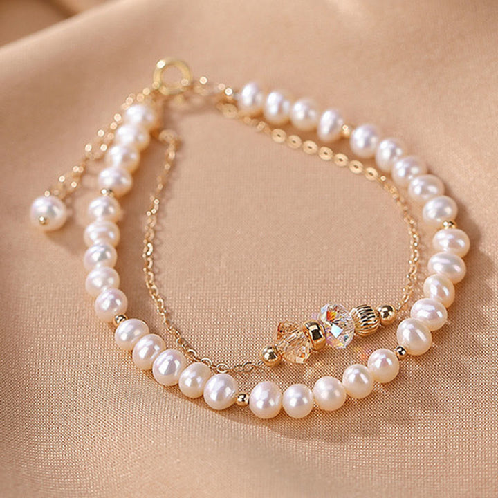 Buddha Stones 925スターリングシルバーメッキ 14Kゴールド 天然パールクリスタル ヒーリング ダブルレイヤーブレスレット - image 8