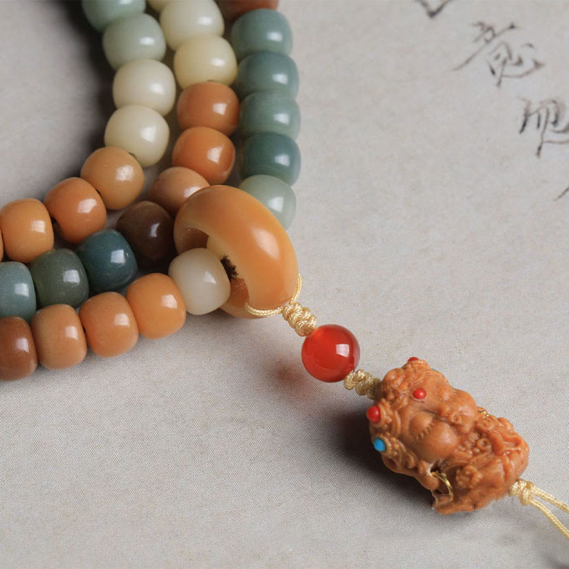 Buddha Stones 108Malaビーズ グラデーション 菩提樹 グリーン ターラ仏 彫刻 平和 ハーモニー ブレスレット