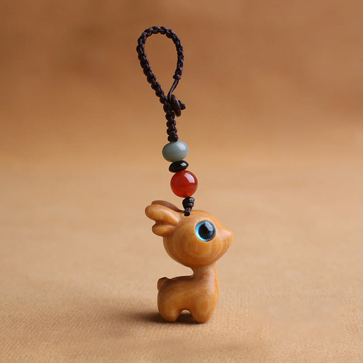 Buddha Stones白檀の小葉 紫檀 黒檀 緑檀 幸運のミニ鹿彫刻 守護キーチェーン 携帯電話吊り下げ装飾