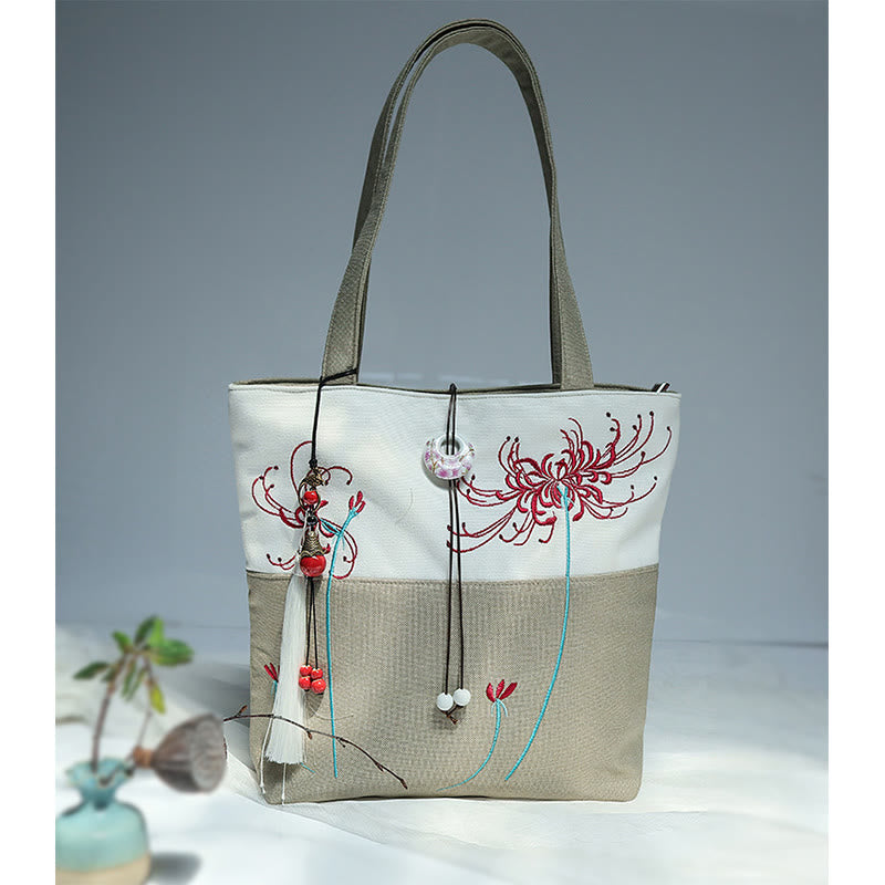 梨花 梅 桃の花 竹刺繍 キャンバス 大容量 ショルダーバッグ トートバッグ