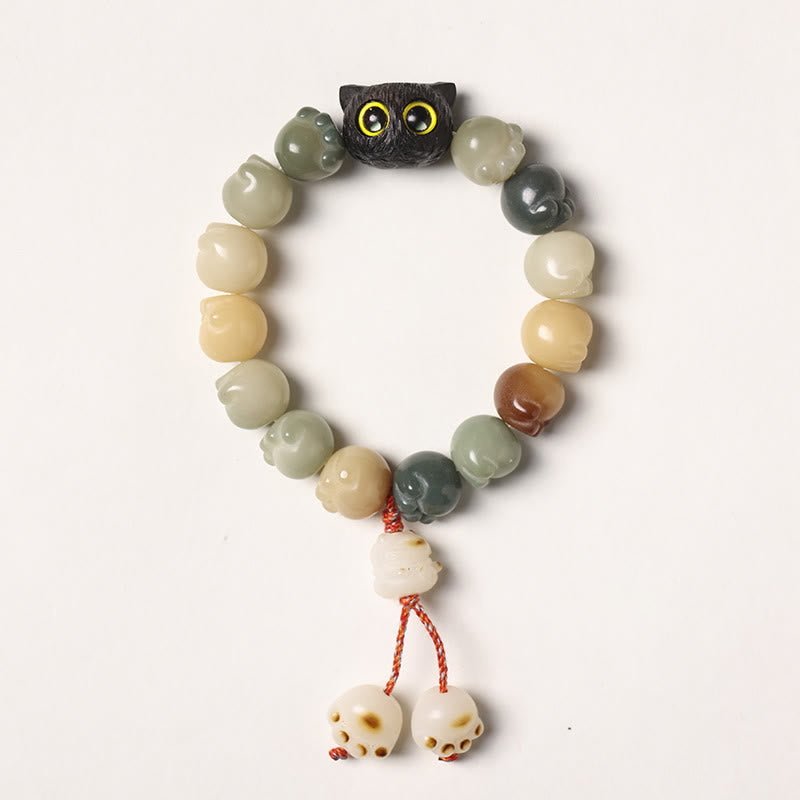 Buddha Stones天然菩提樹 愛らしい足跡黒檀招き猫 知恵のブレスレット - 多色の菩提樹 - タッセルバージョン（手首周り14～15cm） - image 7