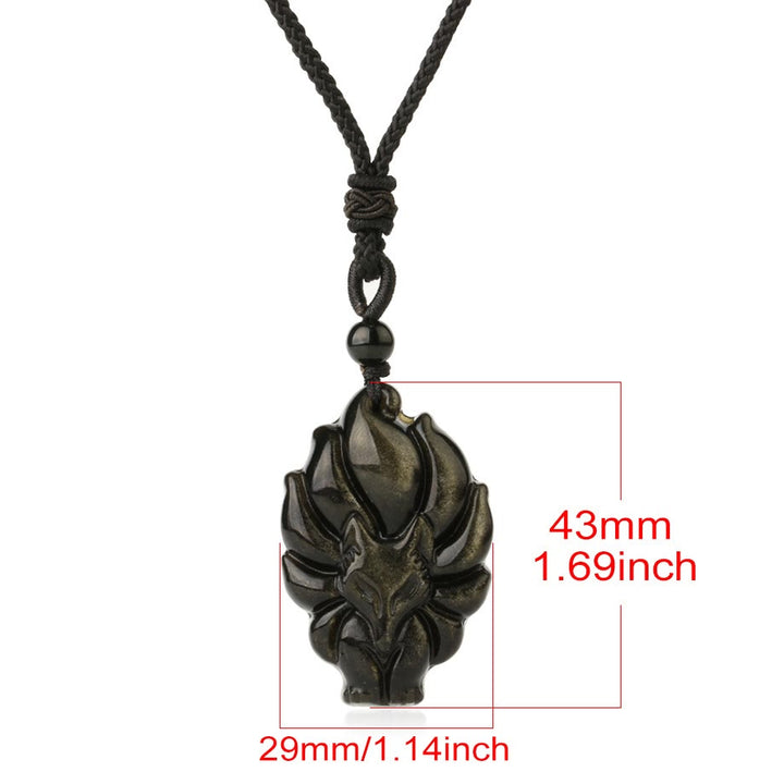 Buddha Stones天然蛍石ゴールド光沢黒曜石フォックスペンダント保護ネックレス - image 13