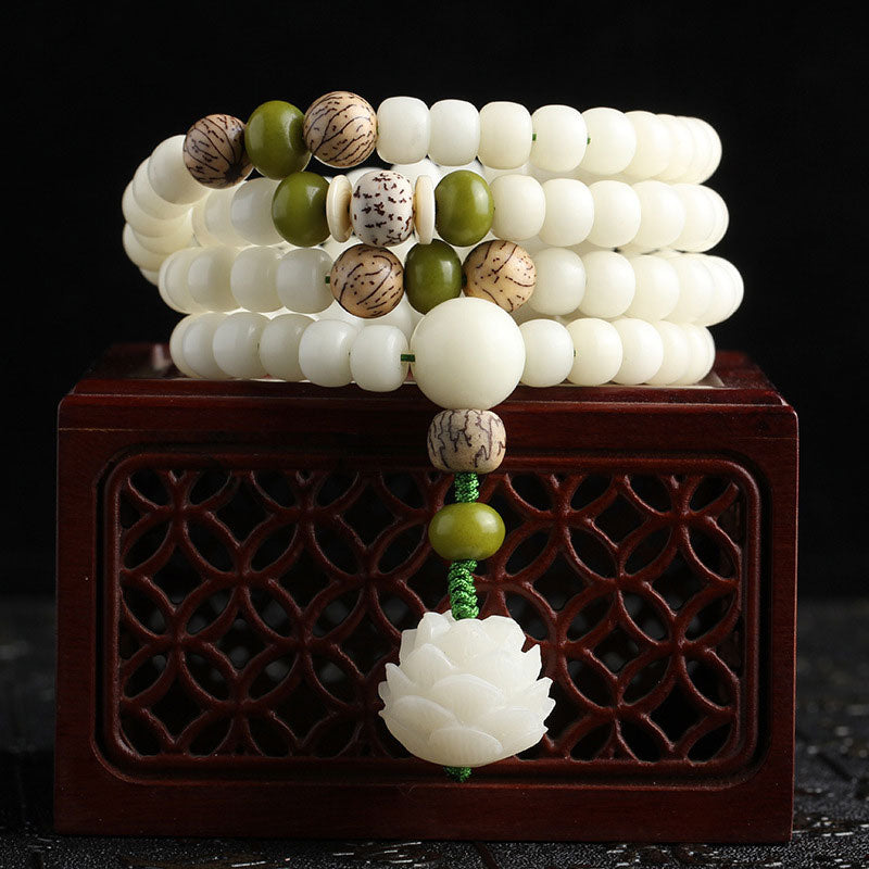 Buddha Stones 白翡翠＆菩提樹ビーズ マーラ 念珠ネックレス 蓮チャーム付き