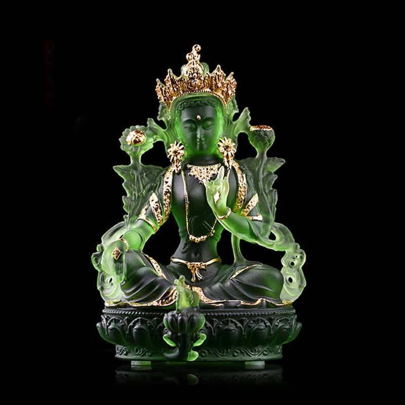 Buddha Stonesグリーンターラ ハンドメイド リュウリ クリスタル アートピース 守護 自宅 オフィス 像 装飾 - 8×6×12.8cm - ゴールドグリーンターラ - image 4