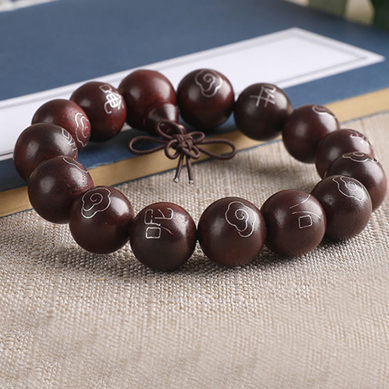 Buddha Stones925 スターリングシルバー 象嵌小葉 赤白檀Om Mani Padme Humキャラクター 縁起の良い雲 保護ブレスレット