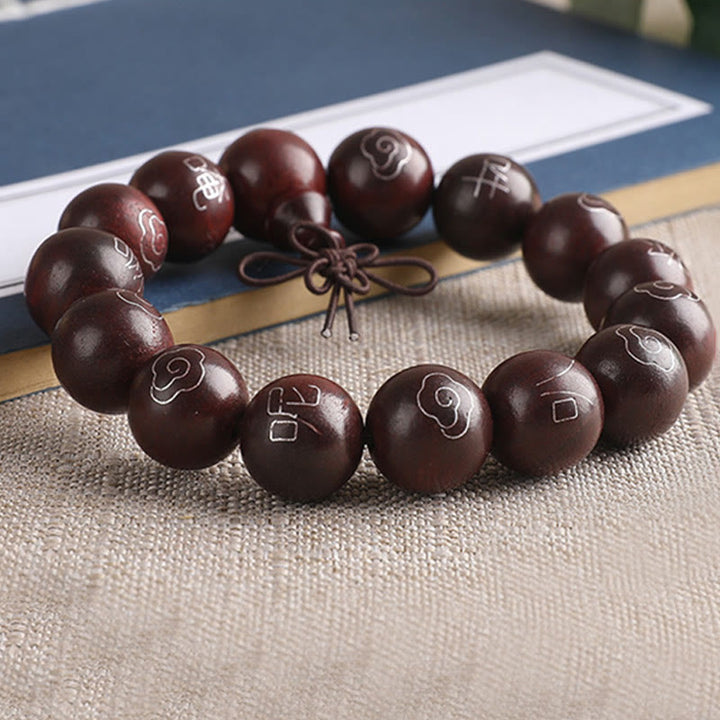Buddha Stones925 スターリングシルバー 象嵌小葉 赤白檀Om Mani Padme Humキャラクター 縁起の良い雲 保護ブレスレット