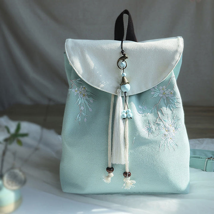 Buddha Stonesハンドメイド刺繍入り大容量キャンバスバックパック - 緑の梨の花 - image 0