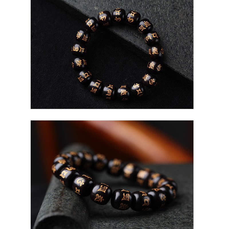 Buddha Stonesチベット黒檀オーム・マニ・パドメ・フム彫刻 平和ブレスレット