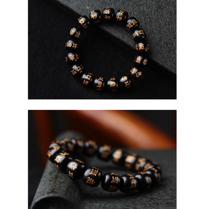 Buddha Stonesチベット黒檀オーム・マニ・パドメ・フム彫刻 平和ブレスレット