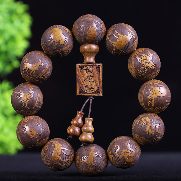 Buddha Stones、中国の十二支、ローズウッド、黒檀、銅貨、貔貅の彫刻、温もりのブレスレット