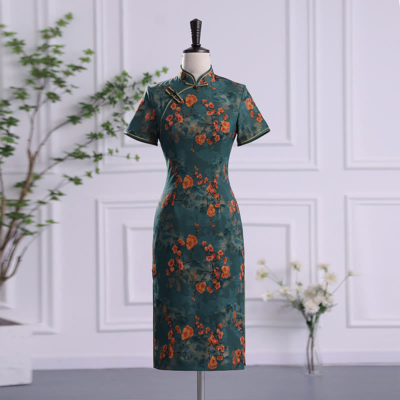 Buddha Stonesレトロ花蓮牡丹羽プリントチャイナドレスレディースチャイナドレス - 緑の花 - US16、 UK/AU20、 EU48 (5XL) - image 0