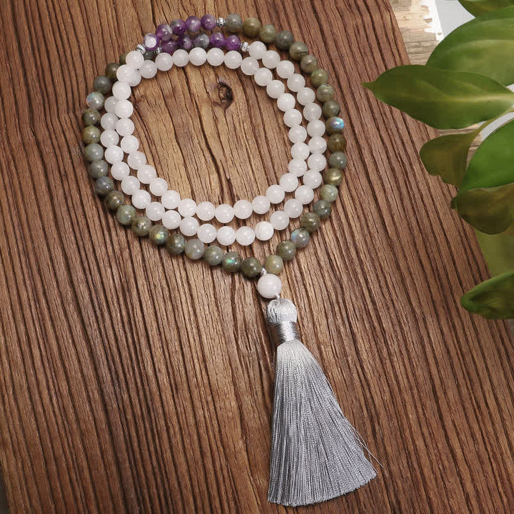 Buddha Stones 108Malaビーズ ホワイトアゲート アメジスト ブラックグリッターストーン 守護ブレスレット