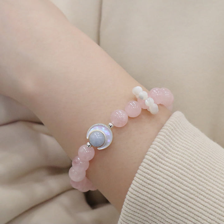 Buddha Stones 925スターリングシルバー 天然アメジスト アクアマリン ピンククリスタル キャッツアイ ヒーリング クレセントムーンブレスレット