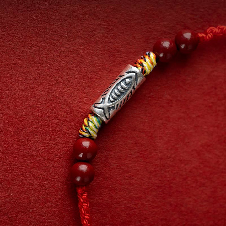 Buddha Stones 925スターリングシルバー 鯉 辰砂 ビーズ 富 手作り 編み込み ブレスレット アンクレット