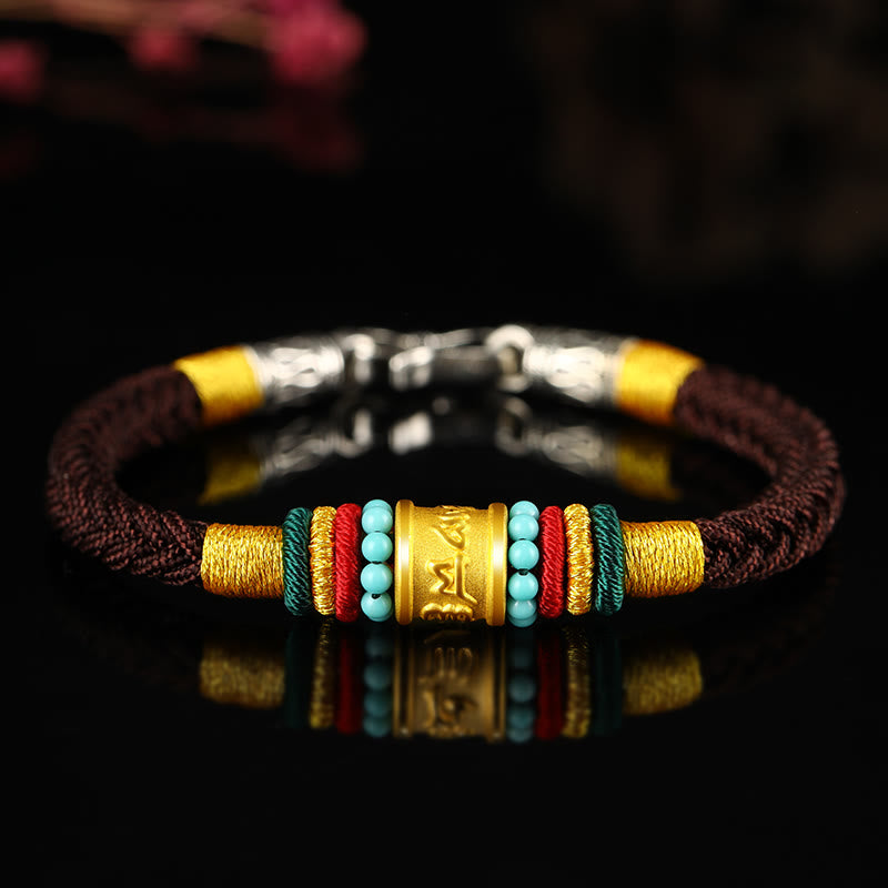 Buddha Stonesチベット 999ゴールドオーム・マニ・パドメ・フムハンドメイド 8スレッド ピースノット幸運ブレスレット - ターコイズシルバーバックルブラウンロープ - 19cm - image 16