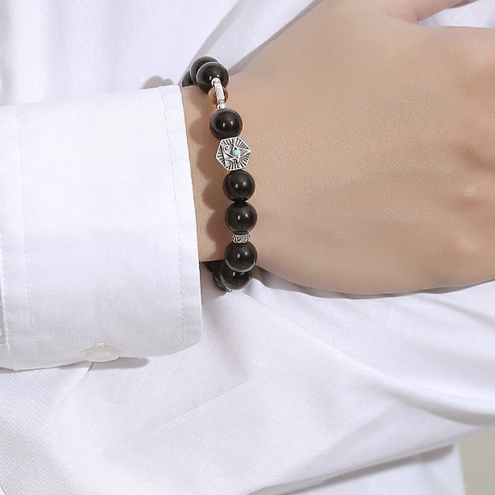Buddha Stones925 スターリングシルバー ブラックオブシディアン タイガーアイ プロビデンスの目 浄化ブレスレット