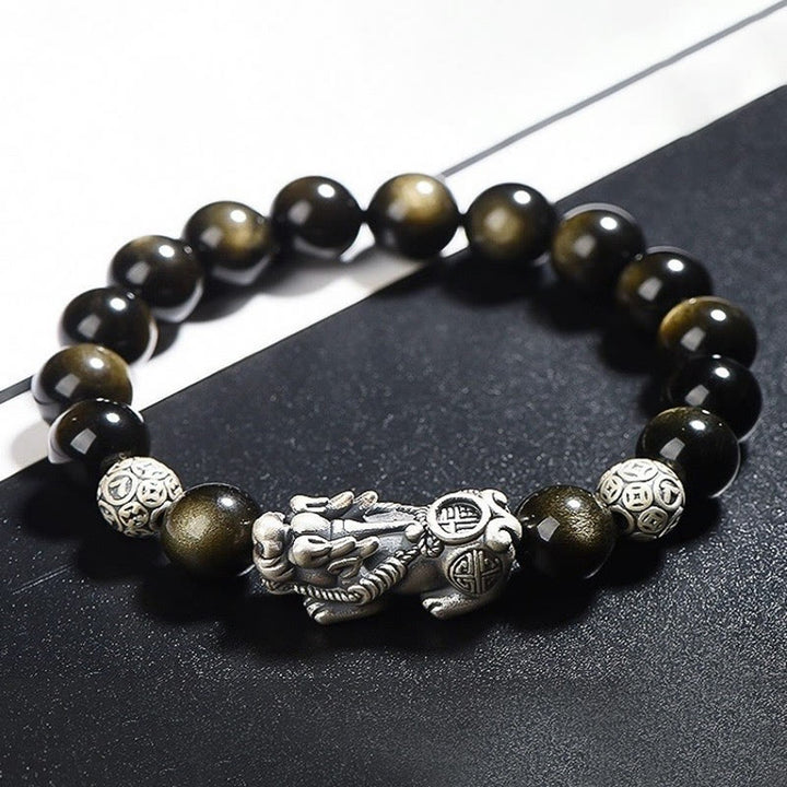 Buddha Stones925スターリングシルバー 天然ゴールド 光沢 黒曜石 貔貅 富の守護ブレスレット