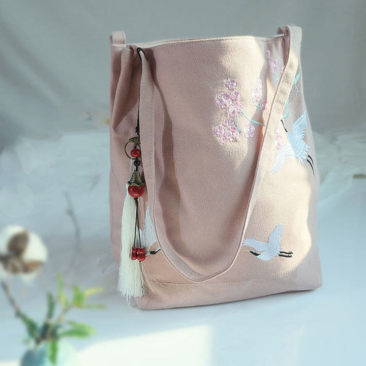 Buddha Stones鶴 梅 刺繍 キャンバス 大容量 ショルダーバッグ トートバッグ