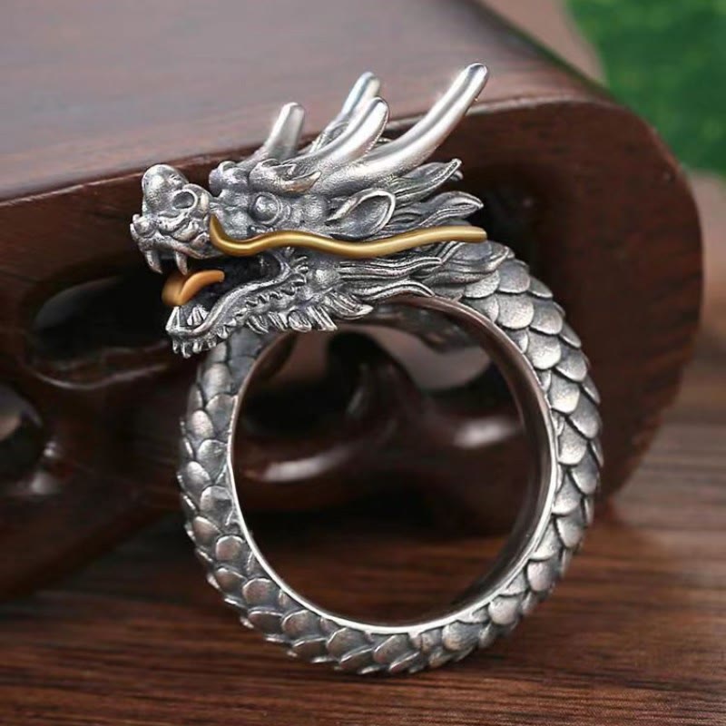 Buddha Stones925 スターリングシルバー ヴィンテージ ドラゴンデザイン 保護 強度 調節可能 リング - image 1