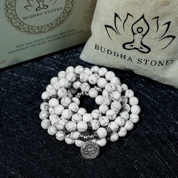 Buddha Stonesホワイトターコイズ ロータスMalaヒーリングブレスレット