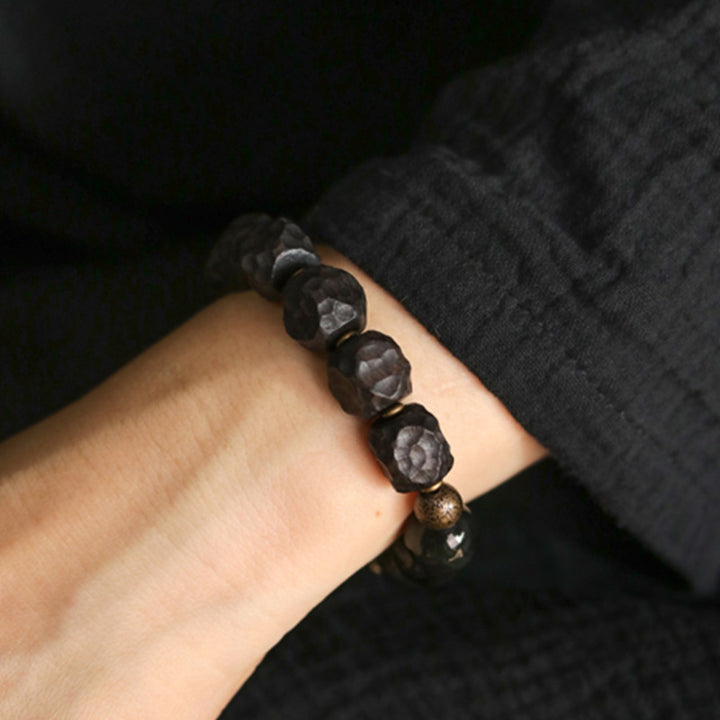 Buddha Stones黒曜石 黒檀 木 銅 強さ カップル ブレスレット