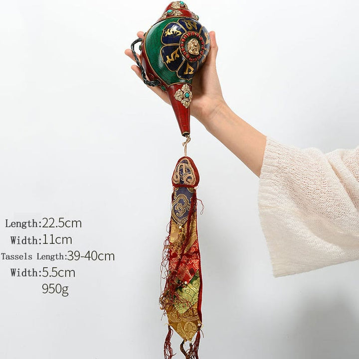 チベット手作り Shankha オーム・マニ・パドメ・フム Buddha Avalokitesvara ターコイズ コンクシェル ポジティブ装飾 - オーム・マニ・パドメ・フム -アモガシッディ仏陀 22.5*11cm - image 21