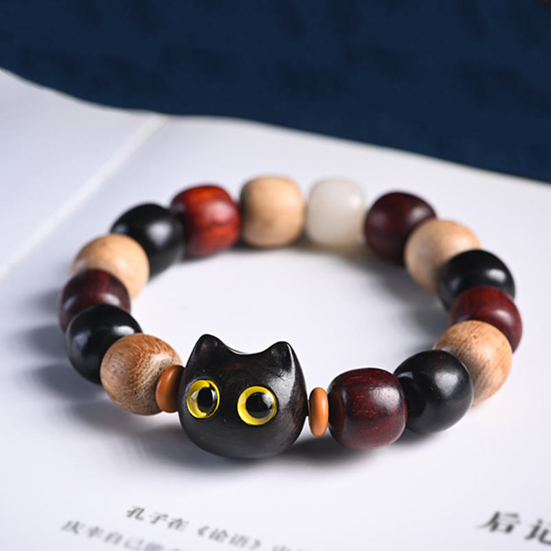 Buddha Stones小葉 紫檀 黒檀 かわいい猫 彫刻 守護ブレスレット