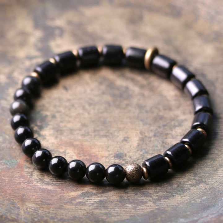 Buddha Stones、黒檀、赤ジャスパー、苔瑪瑙、水晶、銅、平和のカップルブレスレット