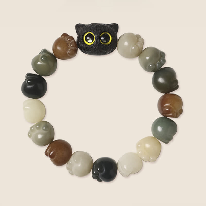Buddha Stones天然菩提樹 愛らしい足跡黒檀招き猫 知恵のブレスレット - image 4