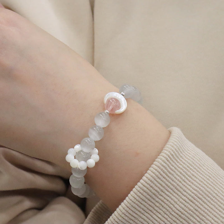 Buddha Stones 925スターリングシルバー 天然アメジスト アクアマリン ピンククリスタル キャッツアイ ヒーリング クレセントムーンブレスレット
