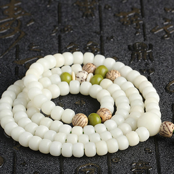 Buddha Stones 白翡翠＆菩提樹ビーズ マーラ 念珠ネックレス 蓮チャーム付き