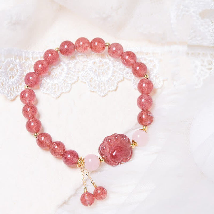 Buddha Stones天然ストロベリークォーツ ピンククリスタル ラッキーキャットポー ラブブレスレット - ストロベリークォーツ - image 1