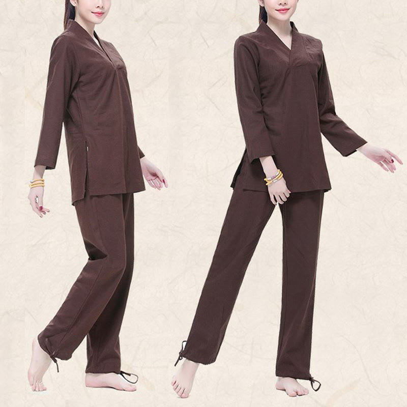 Buddha Stones禅 練習 ヨガ 瞑想 祈り Vネックデザイン ユニフォーム コットンリネン 服 レディース セット - image 11