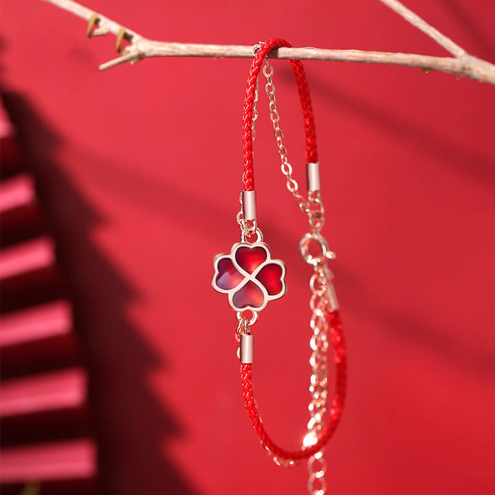 Buddha Stones925スターリングシルバー 色が変わる四つ葉のクローバー 幸運の守護 赤い紐ブレスレット