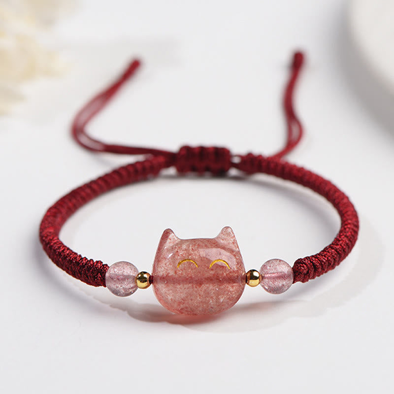 Buddha Stonesハンドメイド 天然銀光沢黒曜石 ストロベリークォーツ かわいい猫のお守り編み込みブレスレット - ストロベリークォーツ（愛♥癒し） - 笑顔の猫 - image 8