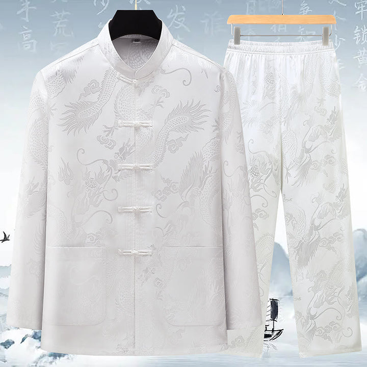 Buddha Stones唐装男性漢服中国龍伝統衣装カンフーシャツ制服長袖コートトップスとパンツ衣類メンズセット - 白 - US/UK/AU42、 EU52 (3XL) - image 16