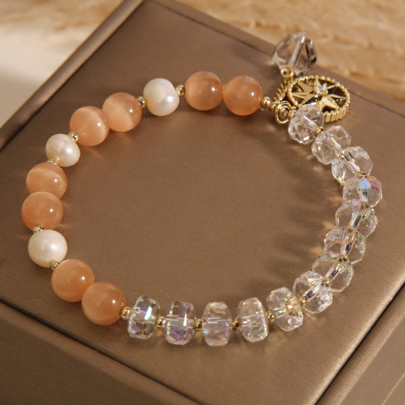 Buddha Stonesオレンジキャッツアイ ホワイトクリスタル スターサポートブレスレット