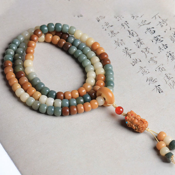 Buddha Stones 108Malaビーズ グラデーション 菩提樹 グリーン ターラ仏 彫刻 平和 ハーモニー ブレスレット