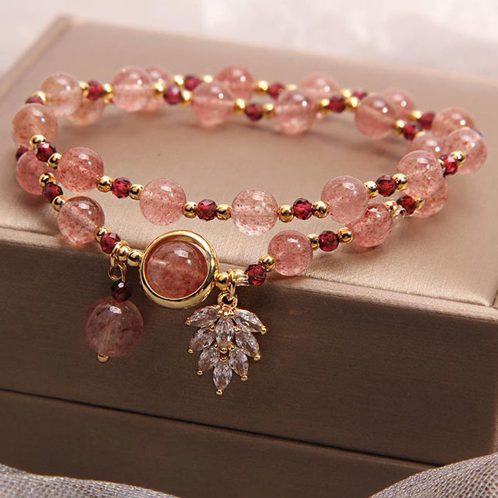 Buddha Stones 天然ストロベリークォーツの恋愛運アップ メープルリーフチャーム付き 2重巻きブレスレット