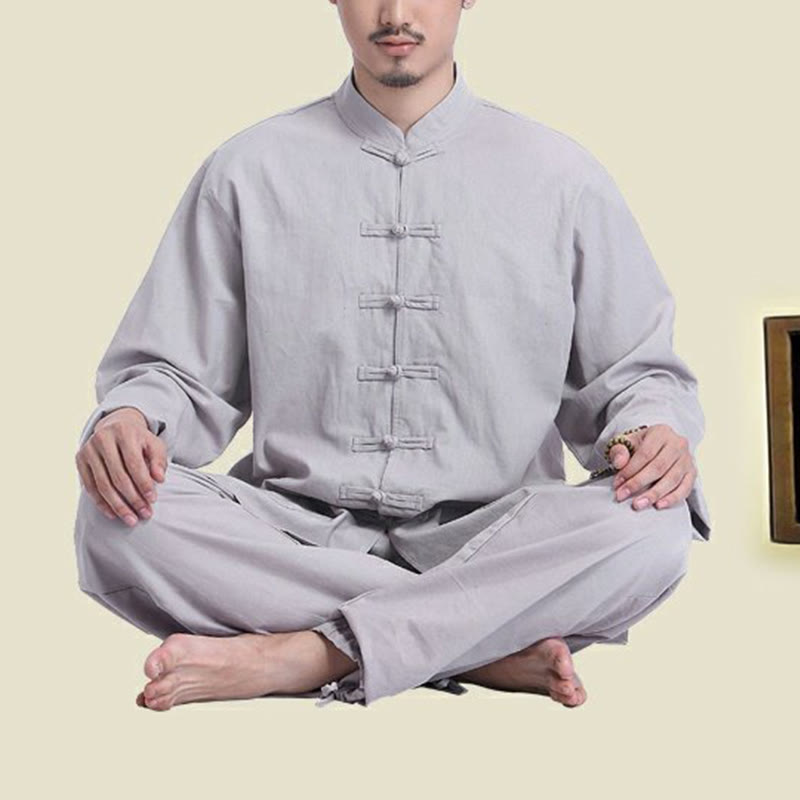 Buddha Stones中国風 カエル ボタンデザイン 瞑想 祈り コットン リネン スピリチュアル 禅 練習 ヨガ ウェア メンズ セット - image 3