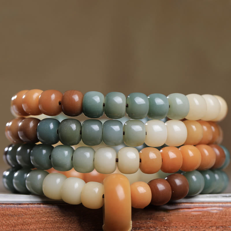 Buddha Stones 108Malaビーズ グラデーション 菩提樹 グリーン ターラ仏 彫刻 平和 ハーモニー ブレスレット
