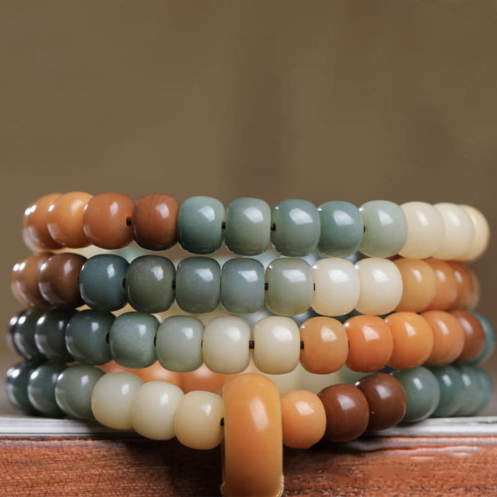 Buddha Stones 108Malaビーズ グラデーション 菩提樹 グリーン ターラ仏 彫刻 平和 ハーモニー ブレスレット