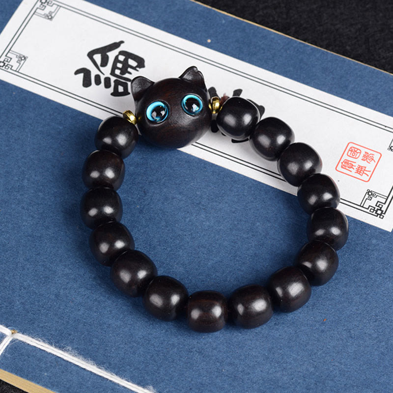 Buddha Stones、黒檀、緑檀、赤檀、愛らしい猫のバランスブレスレット - 黒檀猫 12mm×15個（手首周り14～16cm） - image 1