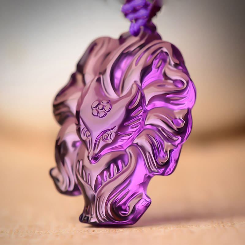 Buddha Stones天然アメジストホワイトクリスタルシトリン九尾狐幸運ネックレスペンダント