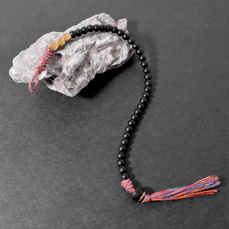 Buddha Stonesハンドメイドチベットブラックオニキスタッセルブレスレット