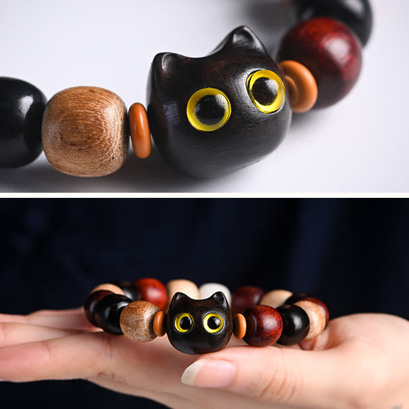 Buddha Stones小葉 紫檀 黒檀 かわいい猫 彫刻 守護ブレスレット