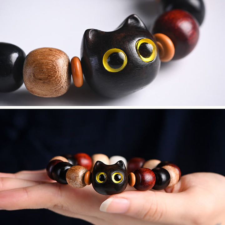 Buddha Stones小葉 紫檀 黒檀 かわいい猫 彫刻 守護ブレスレット